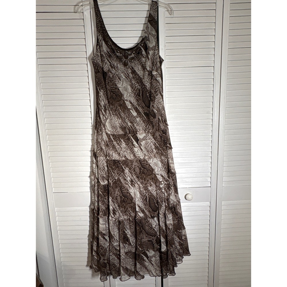 Jessica Howard Brown Snakeskin Print Beaded Neck Tiered Midi Dress Womens 16